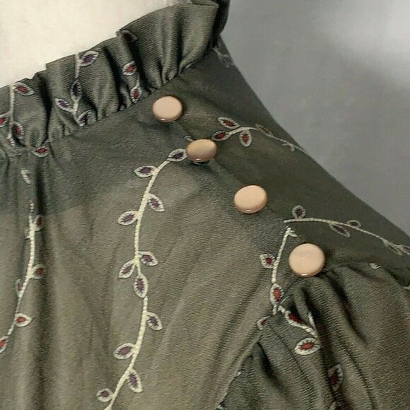 Vintage 70s Secretary Midi Dress Womens M Green Paisley Ruffle Collar Belted - Picture 4 of 9